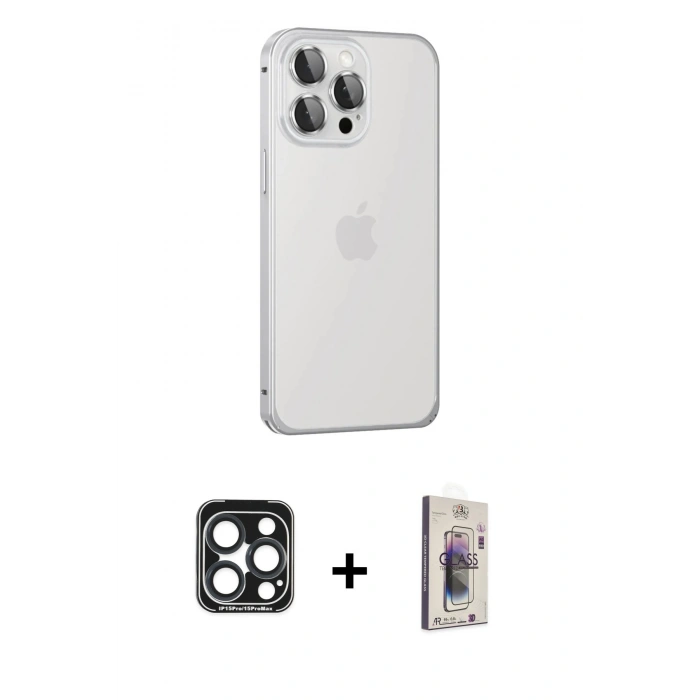 MARSİLYAN™- iPhone 15 Pro Max Kılıf Eksen Form Serisi - Siyah Bilvis 3D Cam Ekran Koruyucu + PVD Metal Kamera Lens - LT