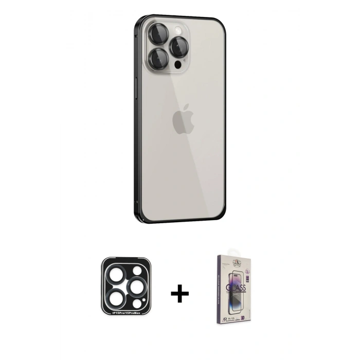 MARSİLYAN™- iPhone 15 Pro Max Kılıf Eksen Form Serisi - Siyah Bilvis 3D Cam Ekran Koruyucu + PVD Metal Kamera Lens - LT