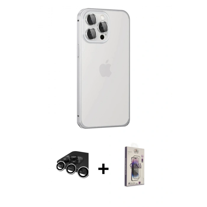MARSİLYAN™- iPhone 15 Pro Max Kılıf Eksen Form Serisi - Siyah Bilvis 3D Cam Ekran Koruyucu + Raze Metal Kamera Lens - GS