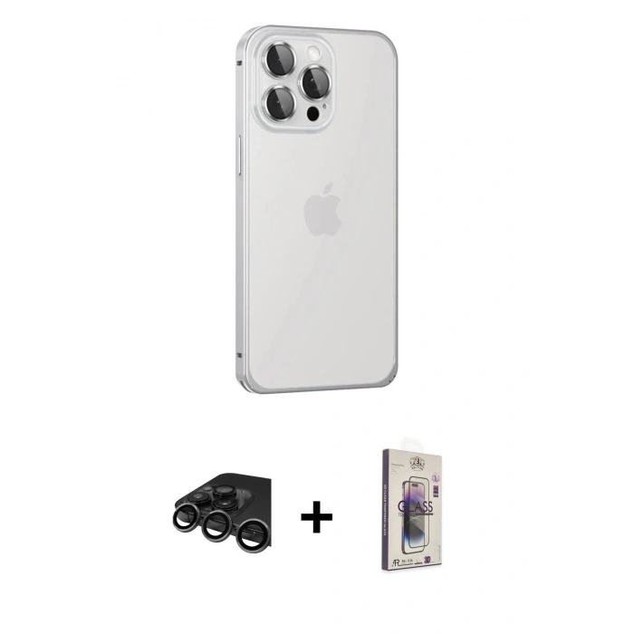 MARSİLYAN™- iPhone 15 Pro Max Kılıf Eksen Form Serisi - Siyah Bilvis 3D Cam Ekran Koruyucu + Raze Metal Kamera Lens - TMGI
