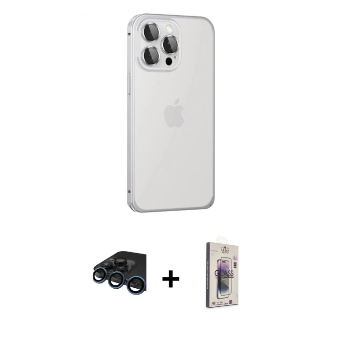 MARSİLYAN™- iPhone 15 Pro Max Kılıf Eksen Form Serisi - Siyah Bilvis 3D Cam Ekran Koruyucu + Raze Metal Kamera Lens - LT
