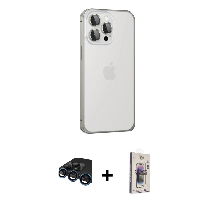 MARSİLYAN™- iPhone 15 Pro Max Kılıf Eksen Form Serisi - Siyah Bilvis 3D Cam Ekran Koruyucu + Raze Metal Kamera Lens - LT