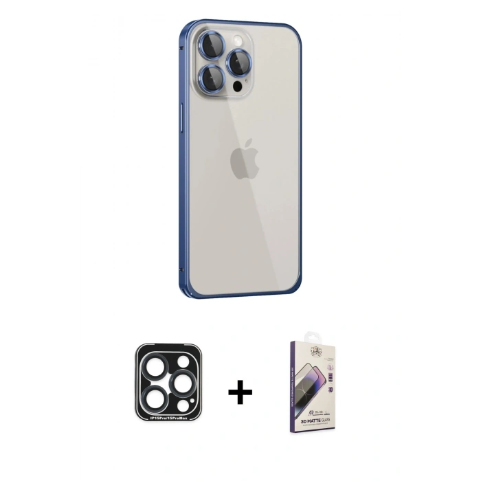 MARSİLYAN™- iPhone 15 Pro Max Kılıf Eksen Form Serisi - Siyah Bilvis 3D Mat Cam Ekran Koruyucu + PVD Metal Kamera Lens - LT