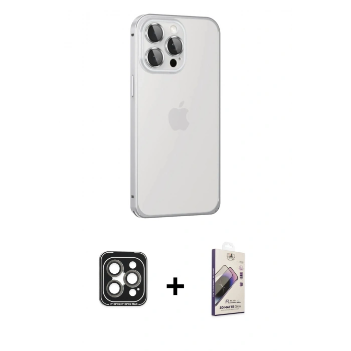 MARSİLYAN™- iPhone 15 Pro Max Kılıf Eksen Form Serisi - Siyah Bilvis 3D Mat Cam Ekran Koruyucu + PVD Metal Kamera Lens - GI