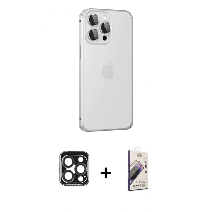 MARSİLYAN™- iPhone 15 Pro Max Kılıf Eksen Form Serisi - Siyah Bilvis 3D Mat Cam Ekran Koruyucu + PVD Metal Kamera Lens - LT