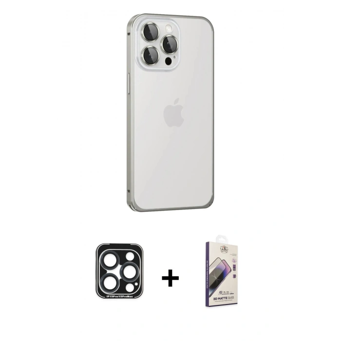 MARSİLYAN™- iPhone 15 Pro Max Kılıf Eksen Form Serisi - Siyah Bilvis 3D Mat Cam Ekran Koruyucu + PVD Metal Kamera Lens - LT