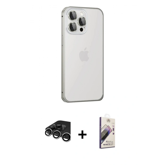 MARSİLYAN™- iPhone 15 Pro Max Kılıf Eksen Form Serisi - Siyah Bilvis 3D Mat Cam Ekran Koruyucu + Raze Metal Kamera Lens - GS
