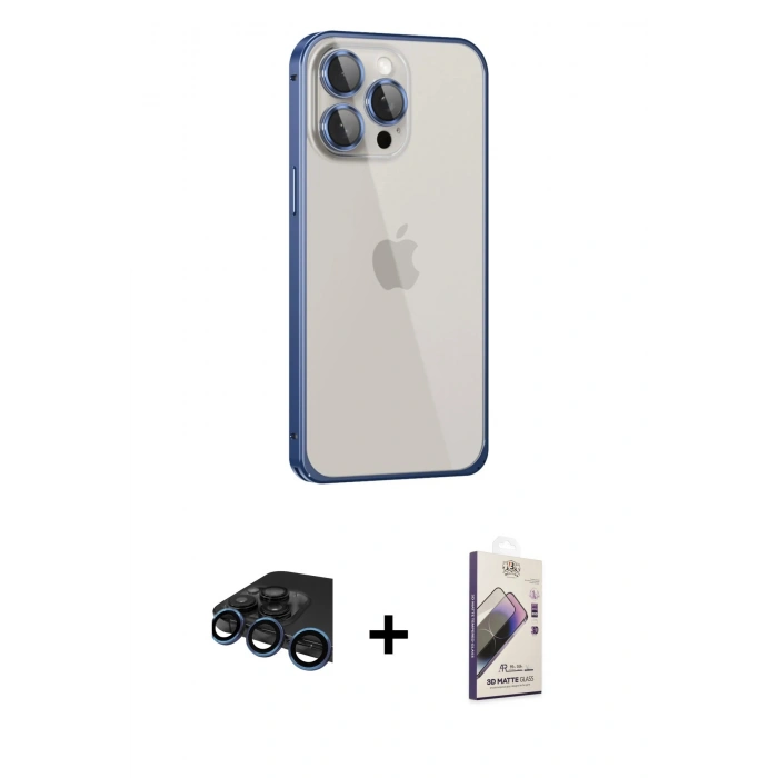 MARSİLYAN™- iPhone 15 Pro Max Kılıf Eksen Form Serisi - Siyah Bilvis 3D Mat Cam Ekran Koruyucu + Raze Metal Kamera Lens - LT