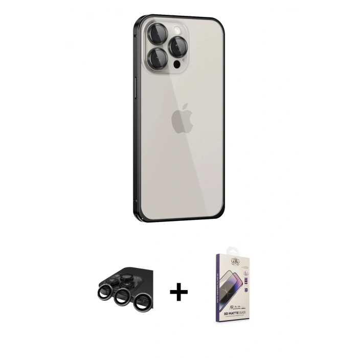 MARSİLYAN™- iPhone 15 Pro Max Kılıf Eksen Form Serisi - Siyah Bilvis 3D Mat Cam Ekran Koruyucu + Raze Metal Kamera Lens - TMGI