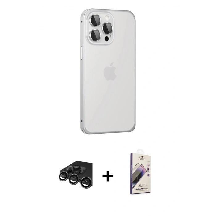 MARSİLYAN™- iPhone 15 Pro Max Kılıf Eksen Form Serisi - Siyah Bilvis 3D Mat Cam Ekran Koruyucu + Raze Metal Kamera Lens - TMGI