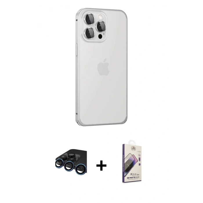 MARSİLYAN™- iPhone 15 Pro Max Kılıf Eksen Form Serisi - Siyah Bilvis 3D Mat Cam Ekran Koruyucu + Raze Metal Kamera Lens - LT