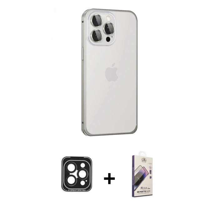 MARSİLYAN™- iPhone 15 Pro Max Kılıf Eksen Form Serisi - Siyah Bilvis 3D Mat Cam Ekran Koruyucu + Siyah PVD Metal Kamera Lens