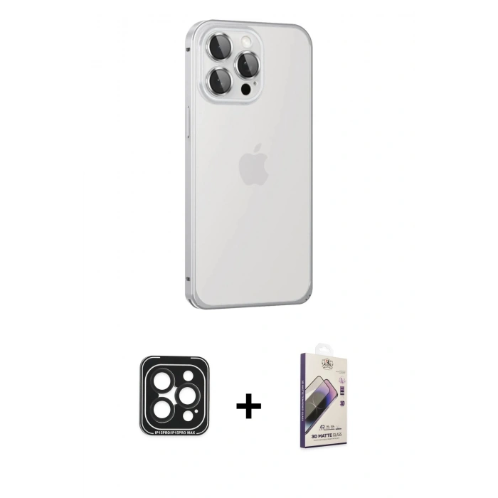 MARSİLYAN™- iPhone 15 Pro Max Kılıf Eksen Form Serisi - Siyah Bilvis 3D Mat Cam Ekran Koruyucu + Siyah PVD Metal Kamera Lens