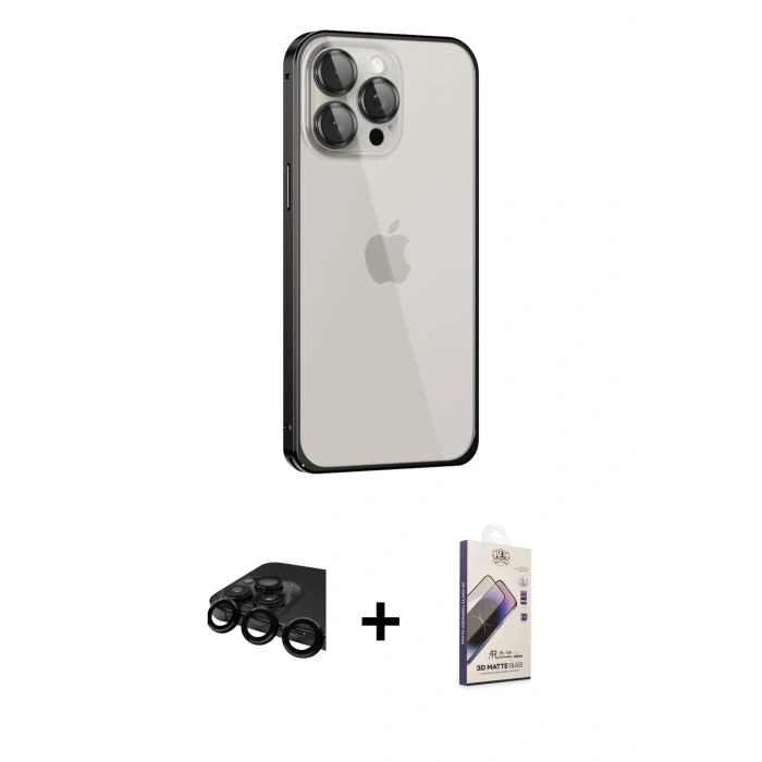MARSİLYAN™- iPhone 15 Pro Max Kılıf Eksen Form Serisi - Siyah Bilvis 3D Mat Cam Ekran Koruyucu + Raze Metal Kamera Lens - SH