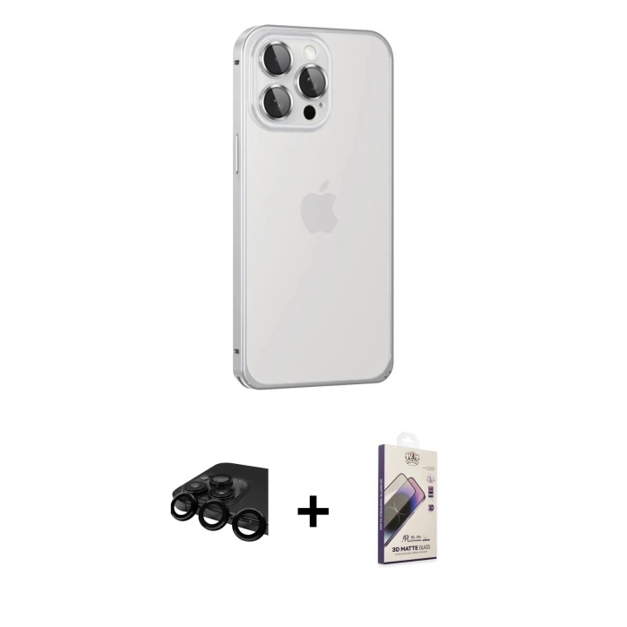 MARSİLYAN™- iPhone 15 Pro Max Kılıf Eksen Form Serisi - Siyah Bilvis 3D Mat Cam Ekran Koruyucu + Raze Metal Kamera Lens - SH
