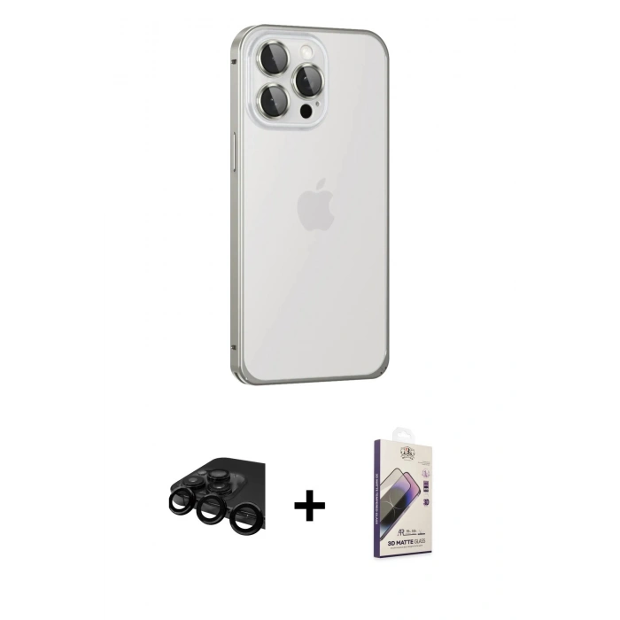 MARSİLYAN™- iPhone 15 Pro Max Kılıf Eksen Form Serisi - Siyah Bilvis 3D Mat Cam Ekran Koruyucu + Raze Metal Kamera Lens - SH