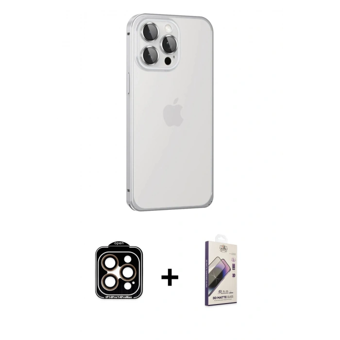 MARSİLYAN™- iPhone 15 Pro Max Kılıf Eksen Form Serisi - Siyah Bilvis 3D Mat Cam Ekran Koruyucu + PVD Metal Kamera Lens - TU