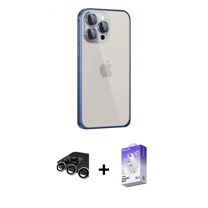 MARSİLYAN™- iPhone 15 Pro Max Kılıf Eksen Form Serisi - Siyah Bilvis 5in1 3D Magic Cam Ekran Koruyucu + Gümüş Raze Metal Kamera Lens