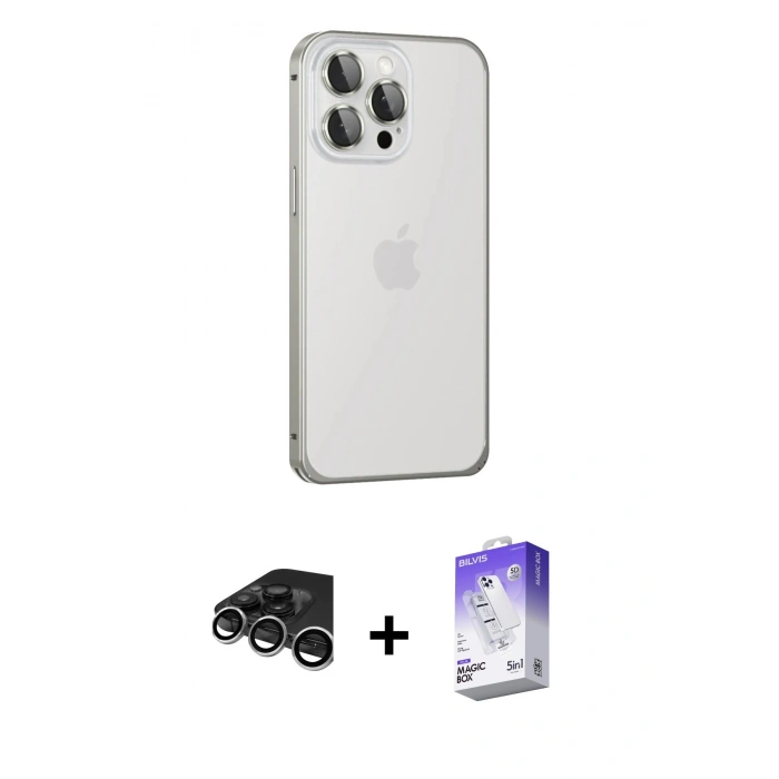 MARSİLYAN™- iPhone 15 Pro Max Kılıf Eksen Form Serisi - Siyah Bilvis 5in1 3D Magic Cam Ekran Koruyucu + Gümüş Raze Metal Kamera Lens