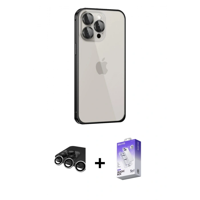 MARSİLYAN™- iPhone 15 Pro Max Kılıf Eksen Form Serisi - Siyah Bilvis 5in1 3D Magic Cam Ekran Koruyucu + Gümüş Raze Metal Kamera Lens