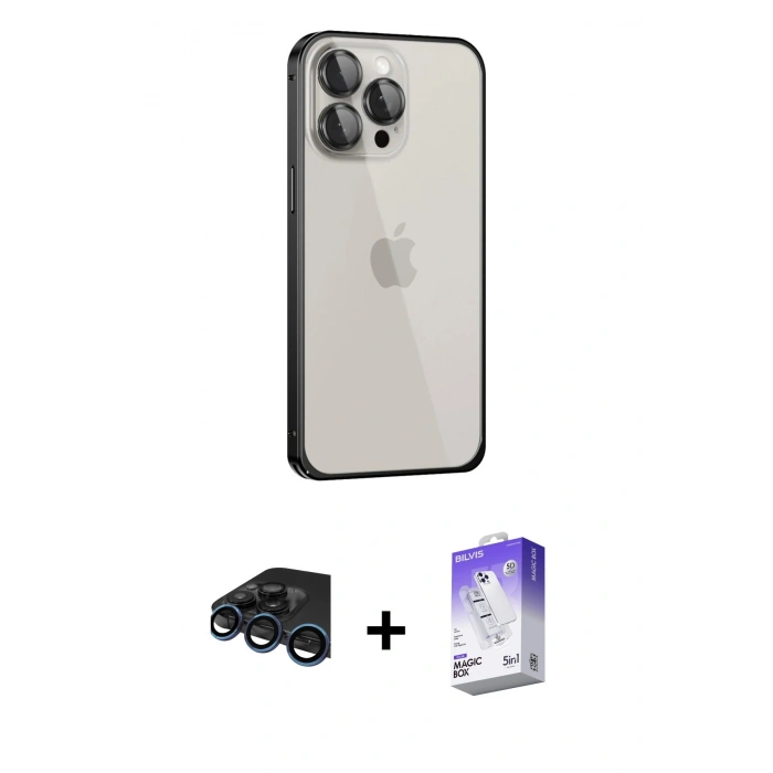 MARSİLYAN™- iPhone 15 Pro Max Kılıf Eksen Form Serisi - Siyah Bilvis 5in1 3D Magic Cam Ekran Koruyucu + Raze Metal Kamera Lens - LT