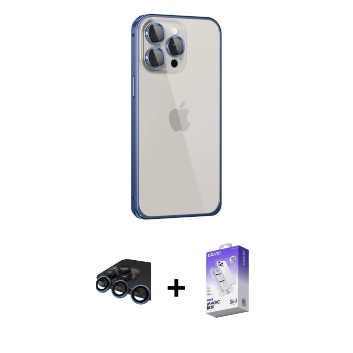 MARSİLYAN™- iPhone 15 Pro Max Kılıf Eksen Form Serisi - Siyah Bilvis 5in1 3D Magic Cam Ekran Koruyucu + Raze Metal Kamera Lens - LT