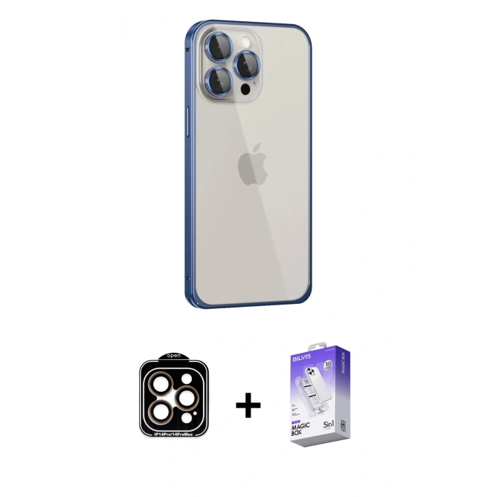 MARSİLYAN™- iPhone 15 Pro Max Kılıf Eksen Form Serisi - Siyah Bilvis 5in1 3D Magic Cam Ekran Koruyucu + PVD Metal Kamera Lens - TU