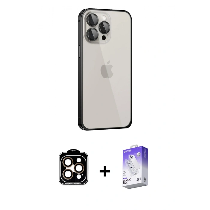 MARSİLYAN™- iPhone 15 Pro Max Kılıf Eksen Form Serisi - Siyah Bilvis 5in1 3D Magic Cam Ekran Koruyucu + PVD Metal Kamera Lens - TU
