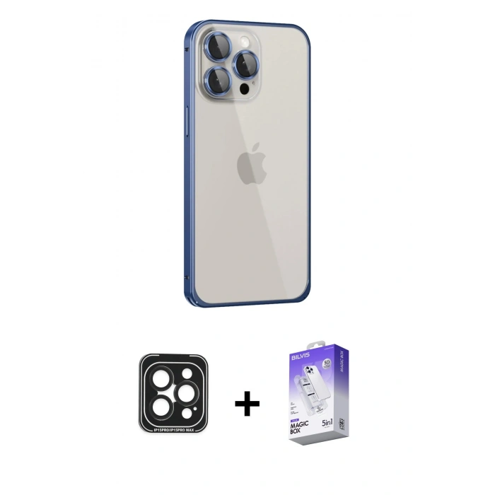 MARSİLYAN™- iPhone 15 Pro Max Kılıf Eksen Form Serisi - Siyah Bilvis 5in1 3D Magic Cam Ekran Koruyucu + PVD Metal Kamera Lens - SH