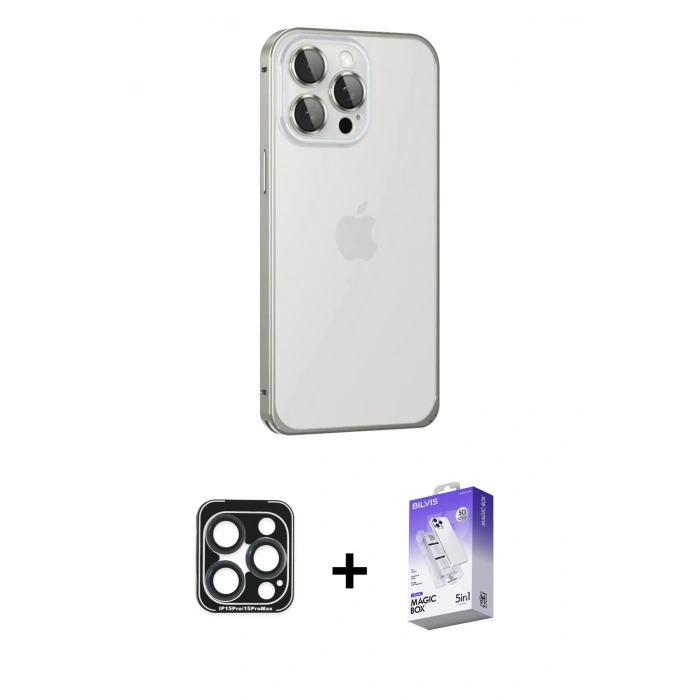 MARSİLYAN™- iPhone 15 Pro Max Kılıf Eksen Form Serisi - Siyah Bilvis 5in1 3D Magic Cam Ekran Koruyucu + PVD Metal Kamera Lens - LT