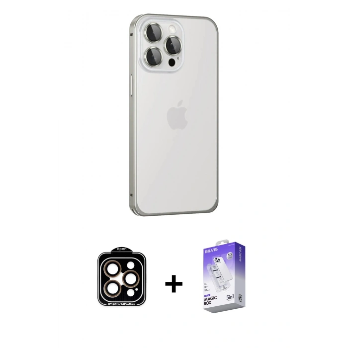 MARSİLYAN™- iPhone 15 Pro Max Kılıf Eksen Form Serisi - Siyah Bilvis 5in1 3D Magic Cam Ekran Koruyucu + PVD Metal Kamera Lens - TU