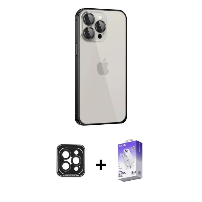 MARSİLYAN™- iPhone 15 Pro Max Kılıf Eksen Form Serisi - Siyah Bilvis 5in1 3D Magic Cam Ekran Koruyucu + PVD Metal Kamera Lens - SH