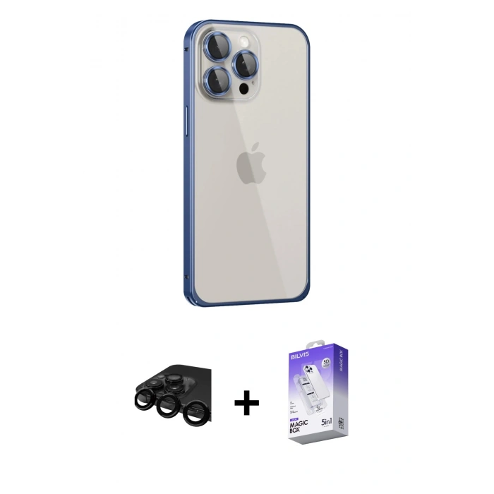 MARSİLYAN™- iPhone 15 Pro Max Kılıf Eksen Form Serisi - Siyah Bilvis 5in1 3D Magic Cam Ekran Koruyucu + Raze Metal Kamera Lens - SH