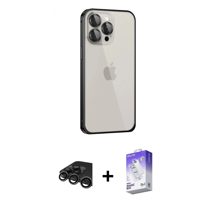 MARSİLYAN™- iPhone 15 Pro Max Kılıf Eksen Form Serisi - Siyah Bilvis 5in1 3D Magic Cam Ekran Koruyucu + Raze Metal Kamera Lens - TMGI