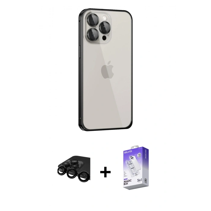 MARSİLYAN™- iPhone 15 Pro Max Kılıf Eksen Form Serisi - Siyah Bilvis 5in1 3D Magic Cam Ekran Koruyucu + Raze Metal Kamera Lens - SH