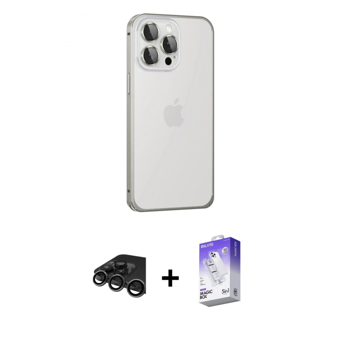 MARSİLYAN™- iPhone 15 Pro Max Kılıf Eksen Form Serisi - Siyah Bilvis 5in1 3D Magic Cam Ekran Koruyucu + Raze Metal Kamera Lens - TMGI