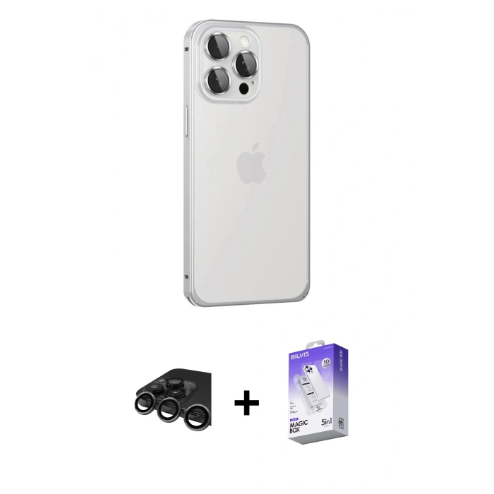 MARSİLYAN™- iPhone 15 Pro Max Kılıf Eksen Form Serisi - Siyah Bilvis 5in1 3D Magic Cam Ekran Koruyucu + Raze Metal Kamera Lens - TMGI