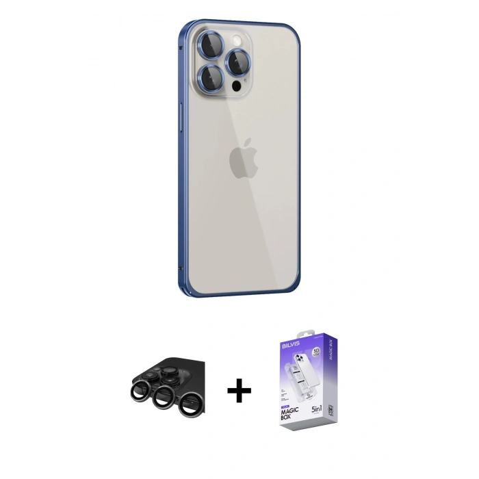 MARSİLYAN™- iPhone 15 Pro Max Kılıf Eksen Form Serisi - Siyah Bilvis 5in1 3D Magic Cam Ekran Koruyucu + Raze Metal Kamera Lens - TMGI