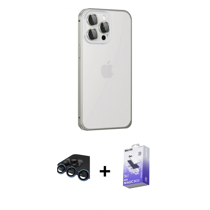 MARSİLYAN™- iPhone 15 Pro Max Kılıf Eksen Form Serisi - Siyah Bilvis 5in1 5D Magic Hayalet Cam Ekran Koruyucu + Raze Metal Kamera Lens - LT