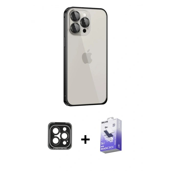 MARSİLYAN™- iPhone 15 Pro Max Kılıf Eksen Form Serisi - Siyah Bilvis 5in1 5D Magic Hayalet Cam Ekran Koruyucu + PVD Metal Kamera Lens - SH