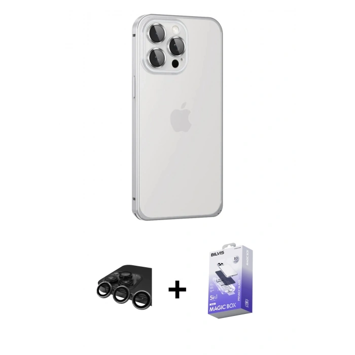 MARSİLYAN™- iPhone 15 Pro Max Kılıf Eksen Form Serisi - Siyah Bilvis 5in1 5D Magic Hayalet Cam Ekran Koruyucu + Titanyum Gri Raze Metal Kamera Lens