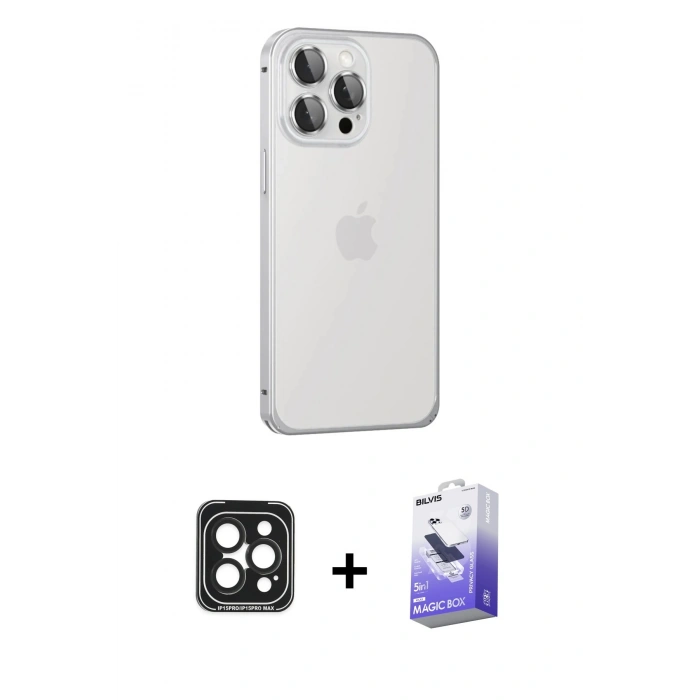 MARSİLYAN™- iPhone 15 Pro Max Kılıf Eksen Form Serisi - Siyah Bilvis 5in1 5D Magic Hayalet Cam Ekran Koruyucu + PVD Metal Kamera Lens - SH