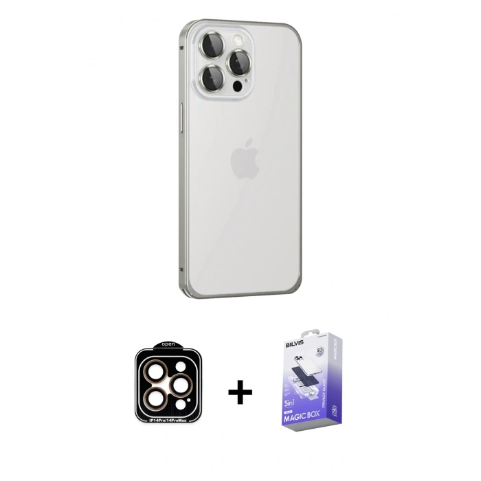MARSİLYAN™- iPhone 15 Pro Max Kılıf Eksen Form Serisi - Siyah Bilvis 5in1 5D Magic Hayalet Cam Ekran Koruyucu + PVD Metal Kamera Lens - TU