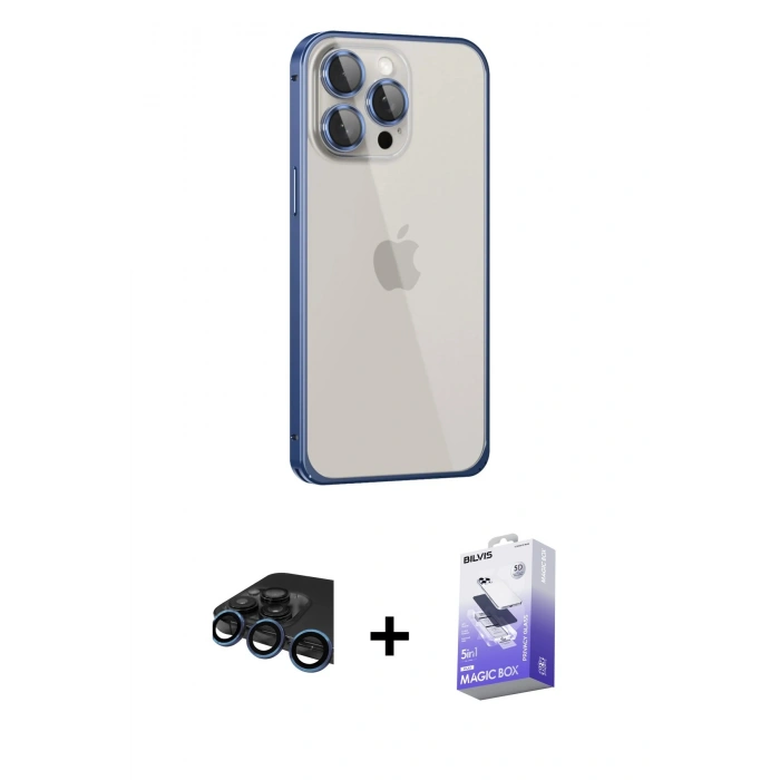 MARSİLYAN™- iPhone 15 Pro Max Kılıf Eksen Form Serisi - Siyah Bilvis 5in1 5D Magic Hayalet Cam Ekran Koruyucu + Raze Metal Kamera Lens - LT
