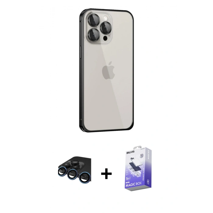 MARSİLYAN™- iPhone 15 Pro Max Kılıf Eksen Form Serisi - Siyah Bilvis 5in1 5D Magic Hayalet Cam Ekran Koruyucu + Raze Metal Kamera Lens - LT