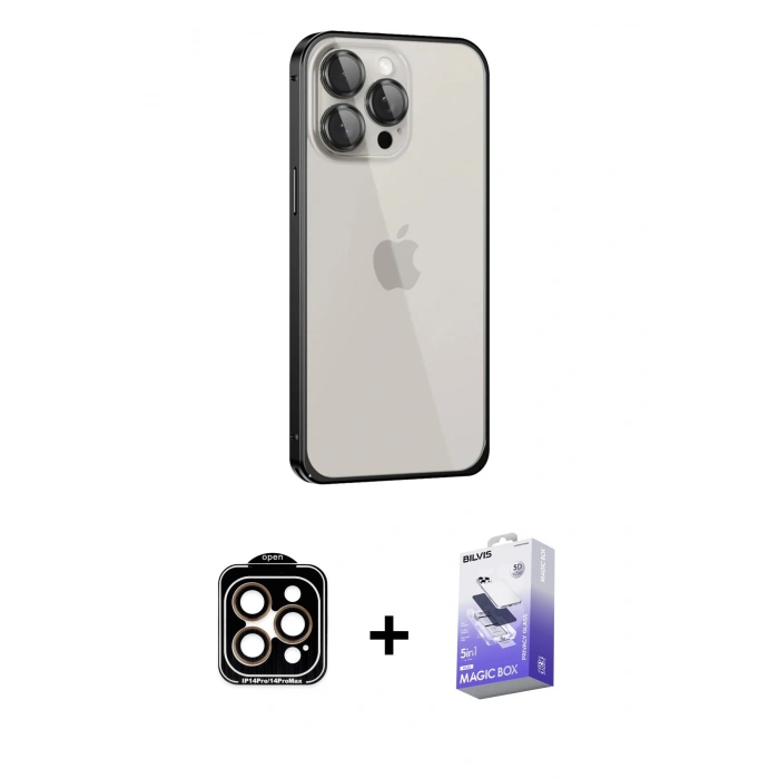 MARSİLYAN™- iPhone 15 Pro Max Kılıf Eksen Form Serisi - Siyah Bilvis 5in1 5D Magic Hayalet Cam Ekran Koruyucu + PVD Metal Kamera Lens - TU