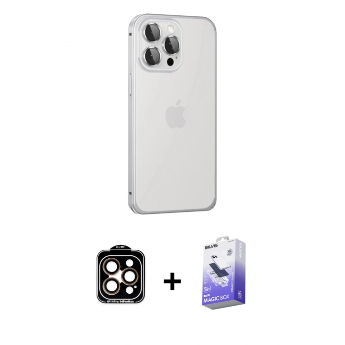 MARSİLYAN™- iPhone 15 Pro Max Kılıf Eksen Form Serisi - Siyah Bilvis 5in1 5D Magic Hayalet Cam Ekran Koruyucu + PVD Metal Kamera Lens - TU