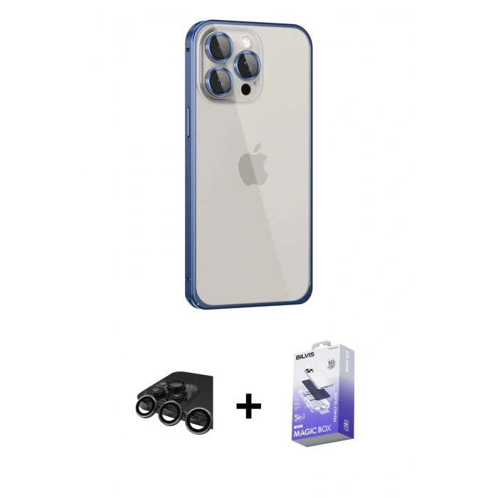 MARSİLYAN™- iPhone 15 Pro Max Kılıf Eksen Form Serisi - Siyah Bilvis 5in1 5D Magic Hayalet Cam Ekran Koruyucu + Titanyum Gri Raze Metal Kamera Lens