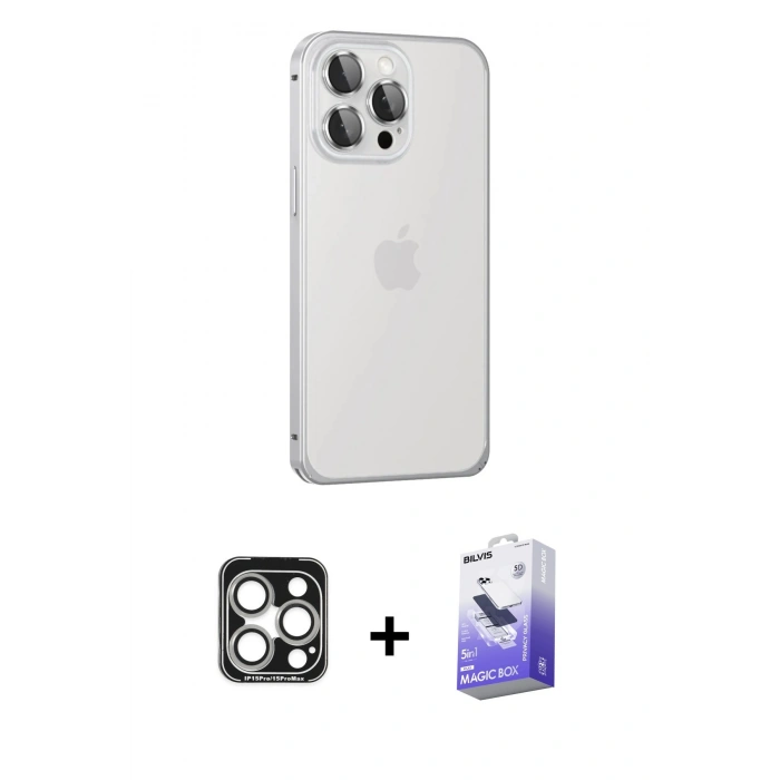 MARSİLYAN™- iPhone 15 Pro Max Kılıf Eksen Form Serisi - Siyah Bilvis 5in1 5D Magic Hayalet Cam Ekran Koruyucu + PVD Metal Kamera Lens - GS
