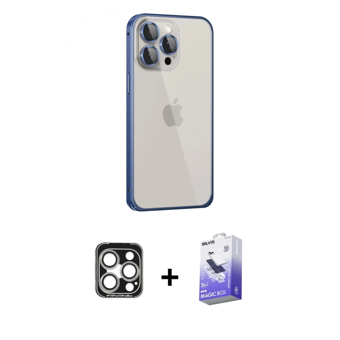 MARSİLYAN™- iPhone 15 Pro Max Kılıf Eksen Form Serisi - Siyah Bilvis 5in1 5D Magic Hayalet Cam Ekran Koruyucu + PVD Metal Kamera Lens - GS